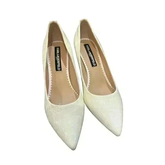 - Karl Langerfeld Paris Royale White Leather Reptile Print Heels in Size 6… - Picture 1 of 8